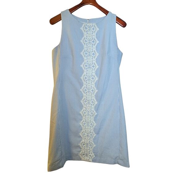 Pappagallo Blue & White Seersucker Preppy Nautical Cottagecore Dress with Lace - Picture 2 of 7